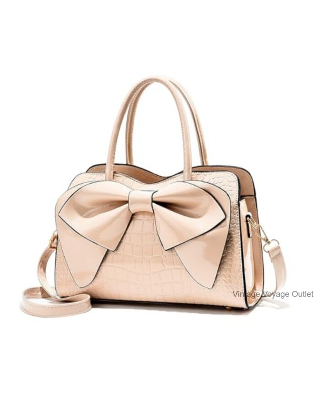 Crocodile Embossed Tote Bag, Bow Design Top Handle, Zipper Closure, Evening